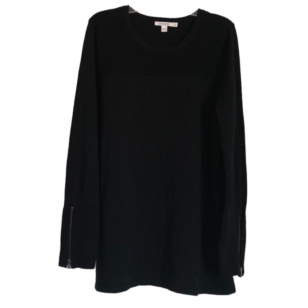 Chicos Womens Long Sleeve Top Sz M Black Zip Cuffs Knit Basic Capsule Wardrobe